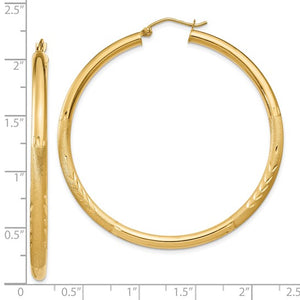 10K Yellow Gold 50mm x 3mm Satin Diamond Cut Round Hoop Earrings