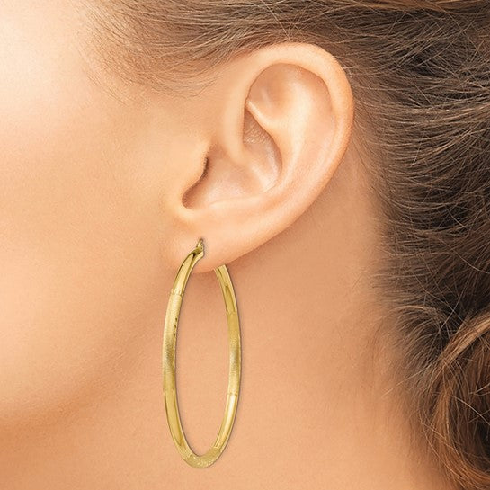 10K Yellow Gold 56mm x 3mm Satin Diamond Cut Round Hoop Earrings