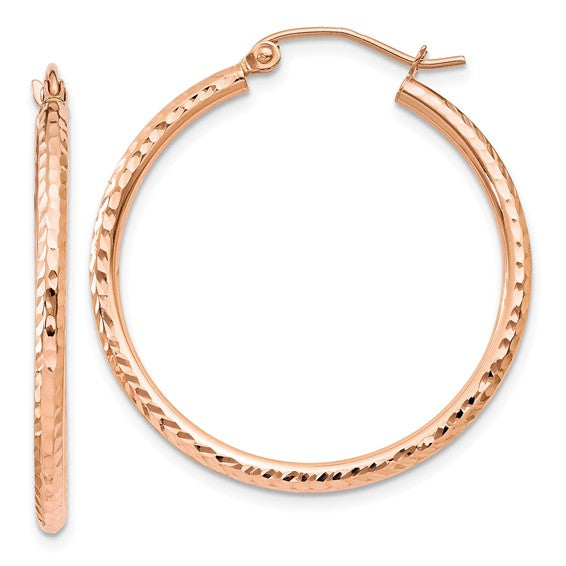 10k Rose Gold 29mm x 2mm Diamond Cut Round Hoop Earrings