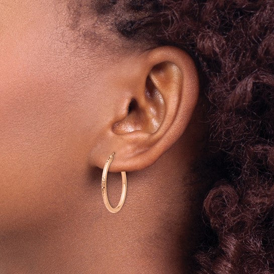 10k Rose Gold 25mm x 2mm Diamond Cut Round Hoop Earrings