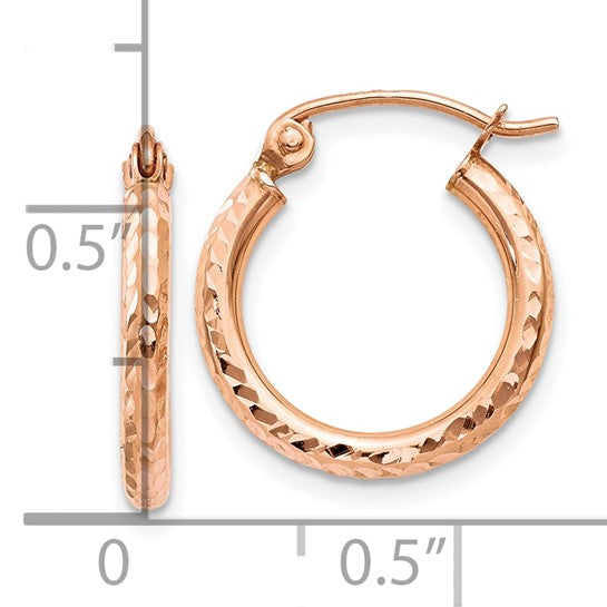 10k Rose Gold 14mm x 2mm Diamond Cut Round Hoop Earrings