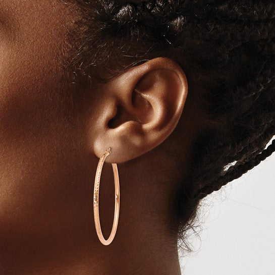 10k Rose Gold 40mm x 2mm Diamond Cut Round Hoop Earrings