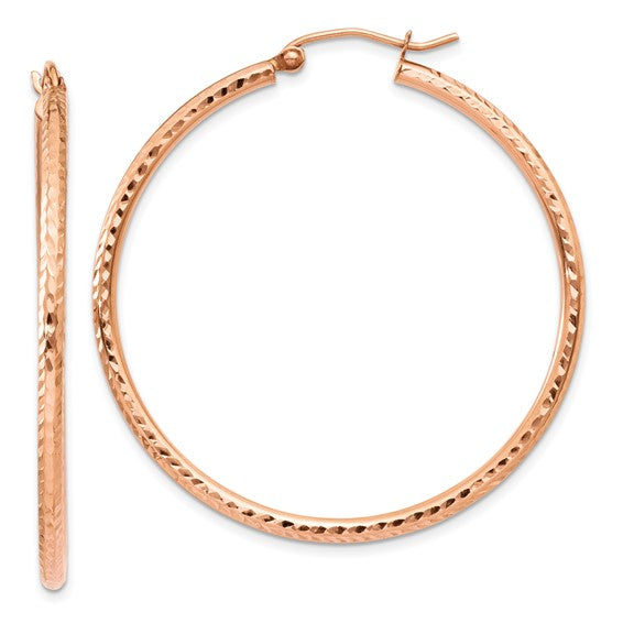 10k Rose Gold 40mm x 2mm Diamond Cut Round Hoop Earrings