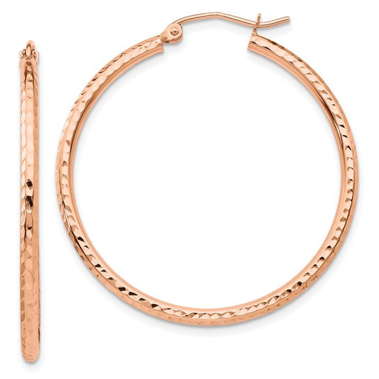 10k Rose Gold 35mm x 2mm Diamond Cut Round Hoop Earrings