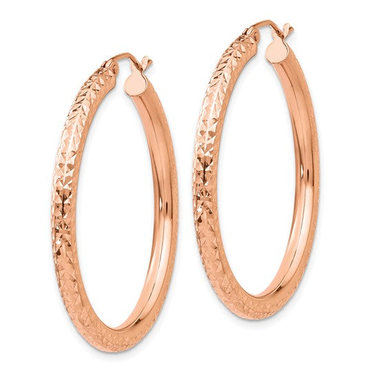 10k Rose Gold 35mm x 3mm Diamond Cut Round Hoop Earrings