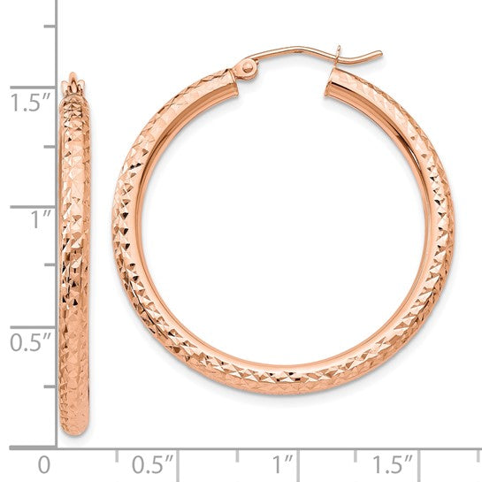 10k Rose Gold 35mm x 3mm Diamond Cut Round Hoop Earrings