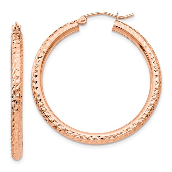 10k Rose Gold 35mm x 3mm Diamond Cut Round Hoop Earrings
