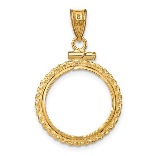 14K Yellow Gold Coin Holder for 16.5mm Coins or 1/10 oz American Eagle 1/10 oz Krugerrand Rope Bezel Screw Top Pendant Charm