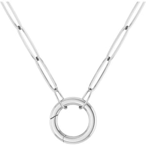 14K Yellow Rose White Gold 2.1mm Elongated Paper Clip Link Chain with Circle Round Hinged Lock Bail Clasp Pendant Charm Connector Choker Necklace
