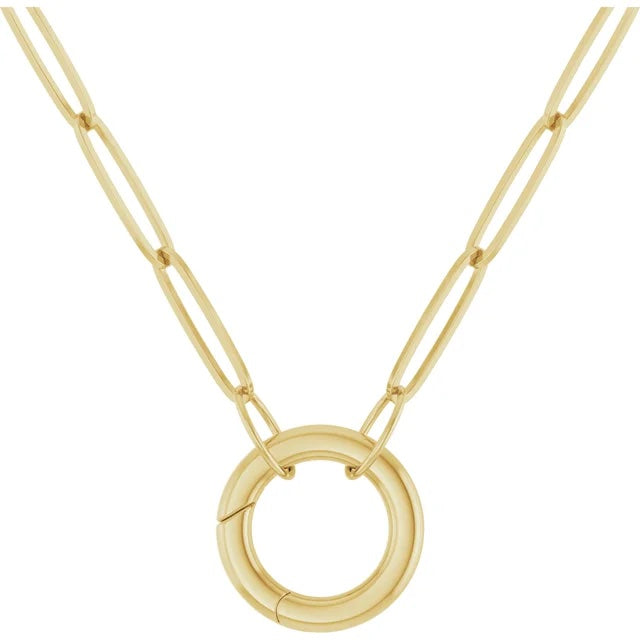 14K Yellow Rose White Gold 2.1mm Elongated Paper Clip Link Chain with Circle Round Hinged Lock Bail Clasp Pendant Charm Connector Choker Necklace
