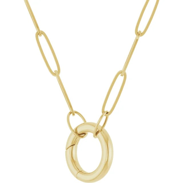 14K Yellow Rose White Gold 2.1mm Elongated Paper Clip Link Chain with Circle Round Hinged Lock Bail Clasp Pendant Charm Connector Choker Necklace