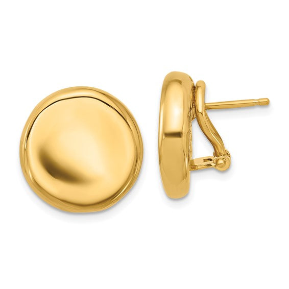 18k Yellow Gold 17mm Round Puffed Button Omega Back Earrings