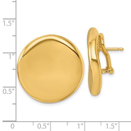 18k Yellow Gold Large 25mm Round Puffed Button Omega Back Earrings