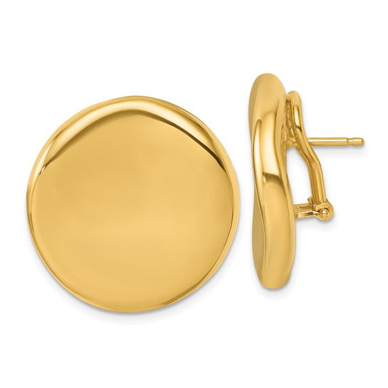 18k Yellow Gold Large 25mm Round Puffed Button Omega Back Earrings