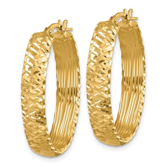 14k Yellow Gold Diamond Cut Oval Hoop Earrings