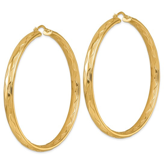 14k Yellow Gold 65mm x 5.5mm Wavy Textured Round Hoop Earrings