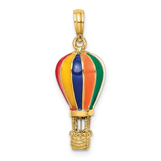 14k Yellow Gold Multi Colored Hot Air Balloon Pendant Charm on White Background
