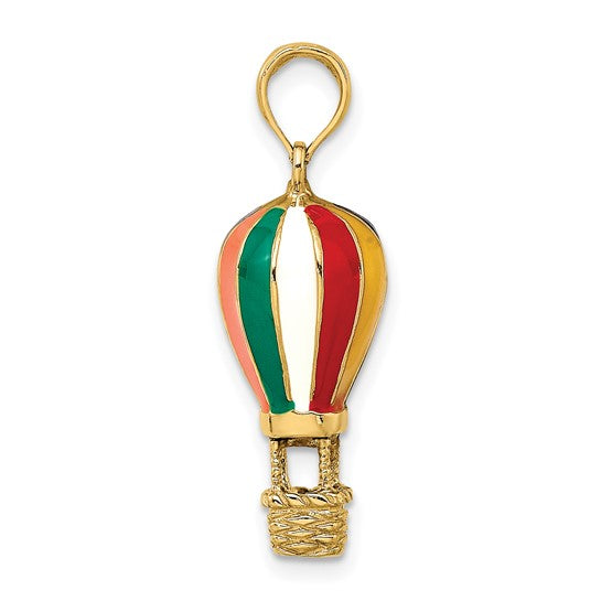 Gold hot air balloon pendant with red, green, and gold colors on a white background