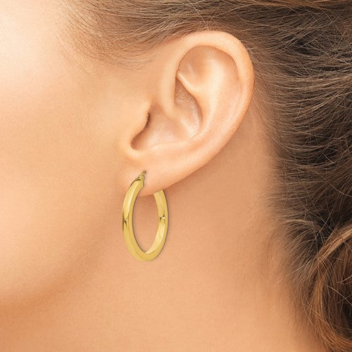 10k Yellow Gold 31mm x 3mm Classic Square Tube Round Hoop Earrings