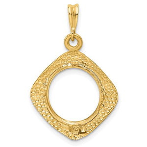 14k Yellow Gold Diamond Shaped Beaded Prong Coin Bezel Holder Pendant Charm Holds 13mm Coins United States US 1 Dollar Type 1 Mexican 2 Peso