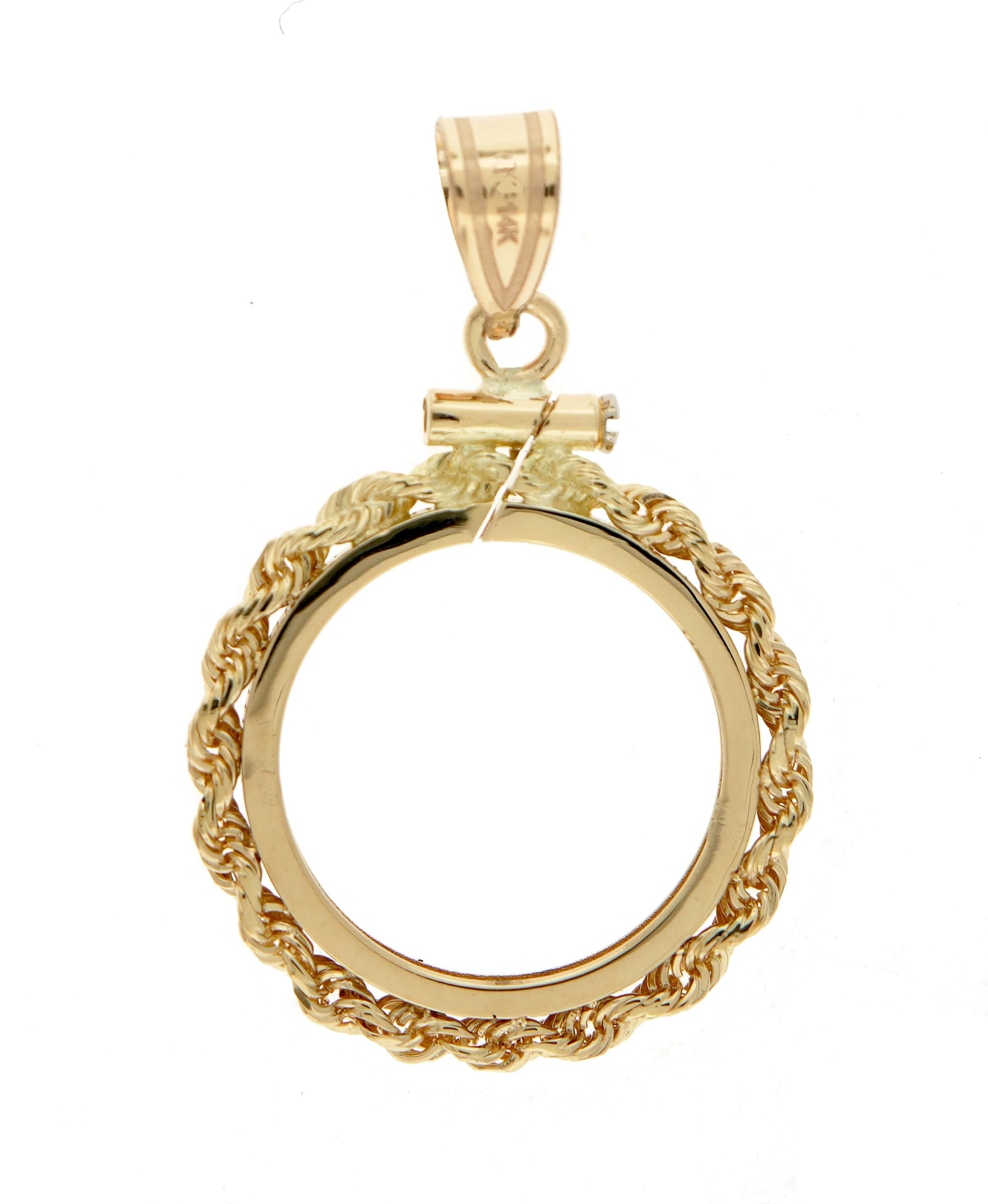 14K Yellow Gold Holds 16mm Coins 1/10 oz Maple Leaf 1/10 oz Philharmonic 1/10 oz Australian Nugget 1/10 oz Kangaroo Coin Holder Rope Bezel Screw Top Pendant Charm