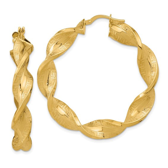 14k yellow gold greek key twisted round hoop earrings 45mm x 7mm