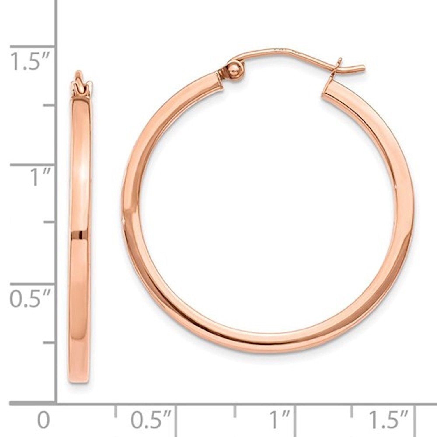 14K Rose Gold Square Tube Round Hoop Earrings 30mmx2mm