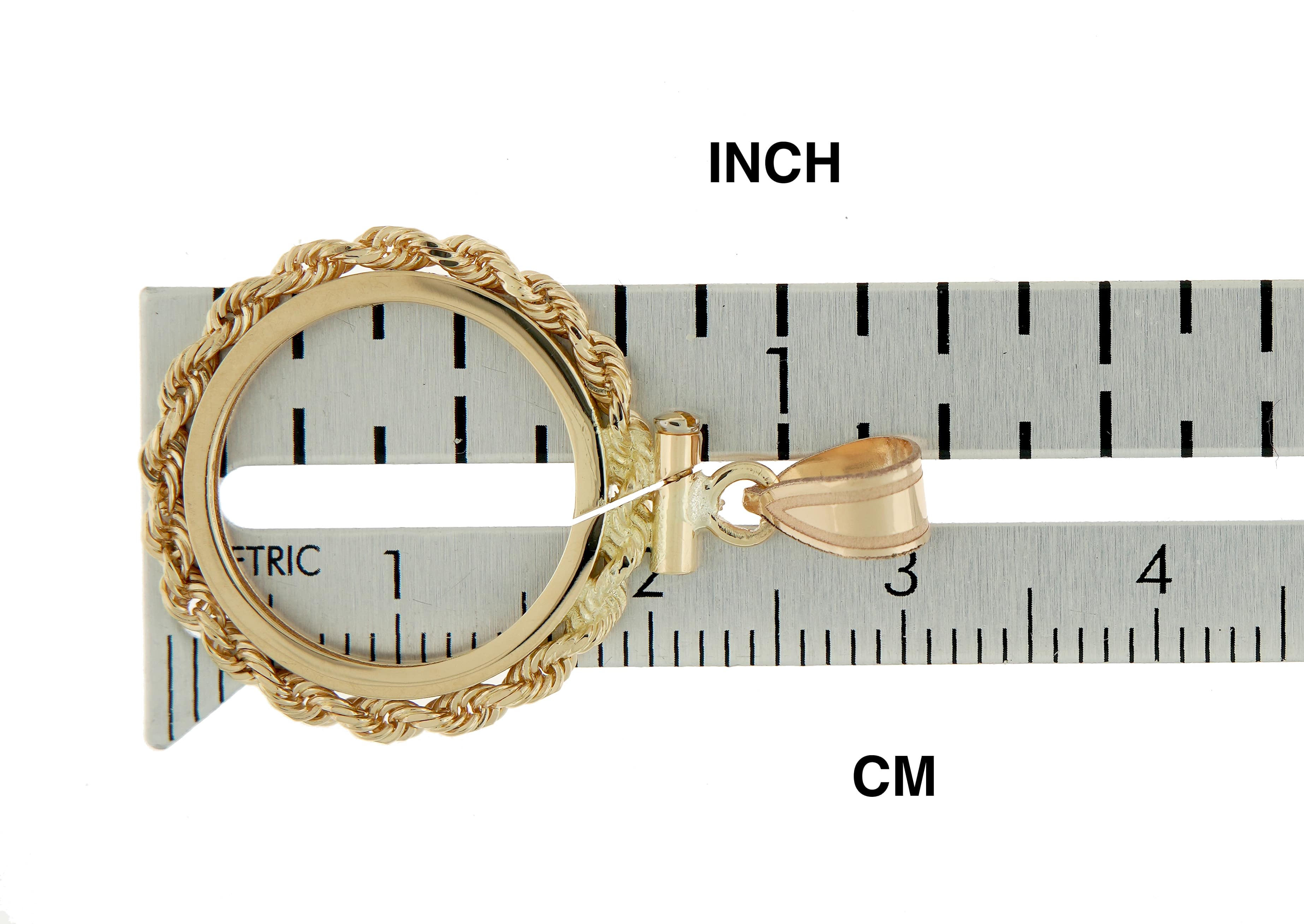 14K Yellow Gold Holds 16mm Coins 1/10 oz Maple Leaf 1/10 oz Philharmonic 1/10 oz Australian Nugget 1/10 oz Kangaroo Coin Holder Rope Bezel Screw Top Pendant Charm