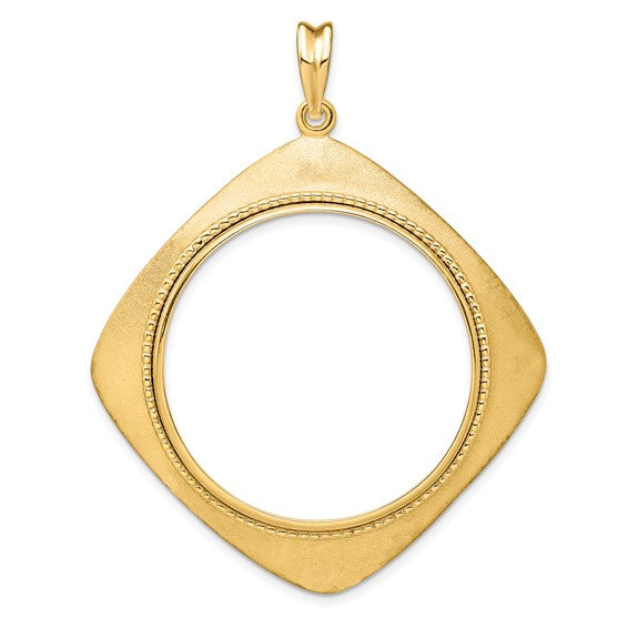 14k Yellow Gold Prong Coin Bezel Holder for 32.7mm Coins or 1 oz American Eagle or 1 oz Cat or 1 oz Krugerrand Diamond Shaped Beaded Pendant Charm