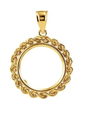14K Yellow Gold Coin Holder for 17.9mm Coins or United States US $2.50 Dollar or Chinese Panda 1/10 oz Tab Back Frame Rope Design Pendant Charm