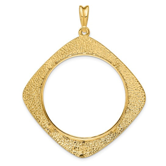 14k Yellow Gold Prong Coin Bezel Holder for 34.2mm Coins or $20 Dollar Liberty or US $20 Saint Gaudens Diamond Shaped Beaded Pendant Charm