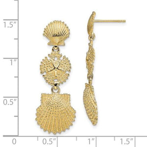 14k Yellow Gold Sand Dollar Starfish Clam Scallop Shell Dangle Earrings