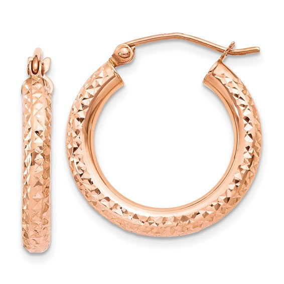 14k Rose Gold Diamond Cut Round Hoop Earrings on a White Background