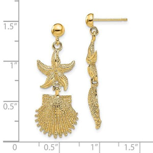 14k Yellow Gold Seashell Starfish Clam Scallop Shell Dangle Earrings