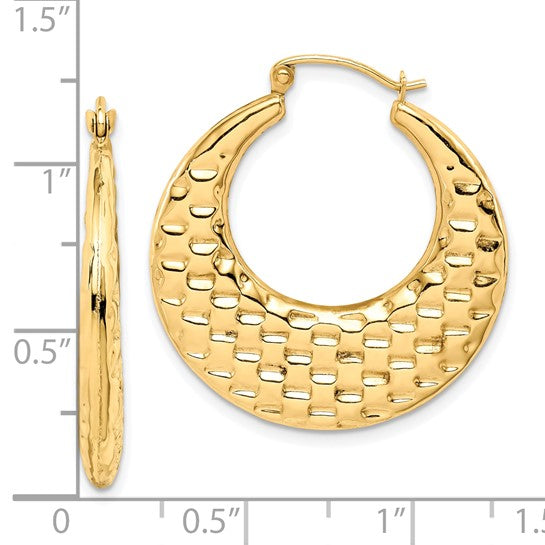 10K Yellow Gold Graduated Polished Textured Classic Round Hoop Earrings