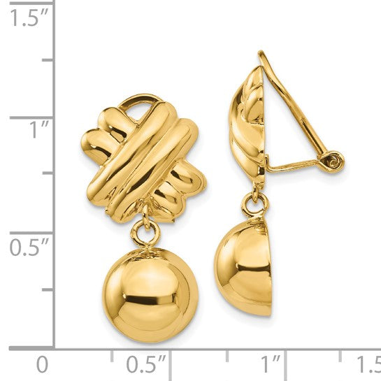 14k Yellow Gold Non Pierced Clip On Ball Dangle Earrings