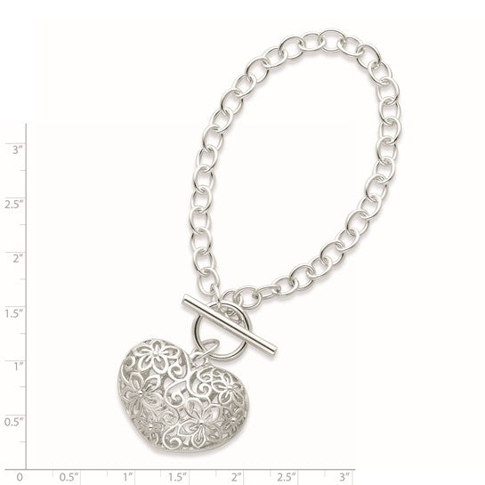 Sterling Silver Puffy Filigree Floral Heart Toggle Bracelet 7.75 inches