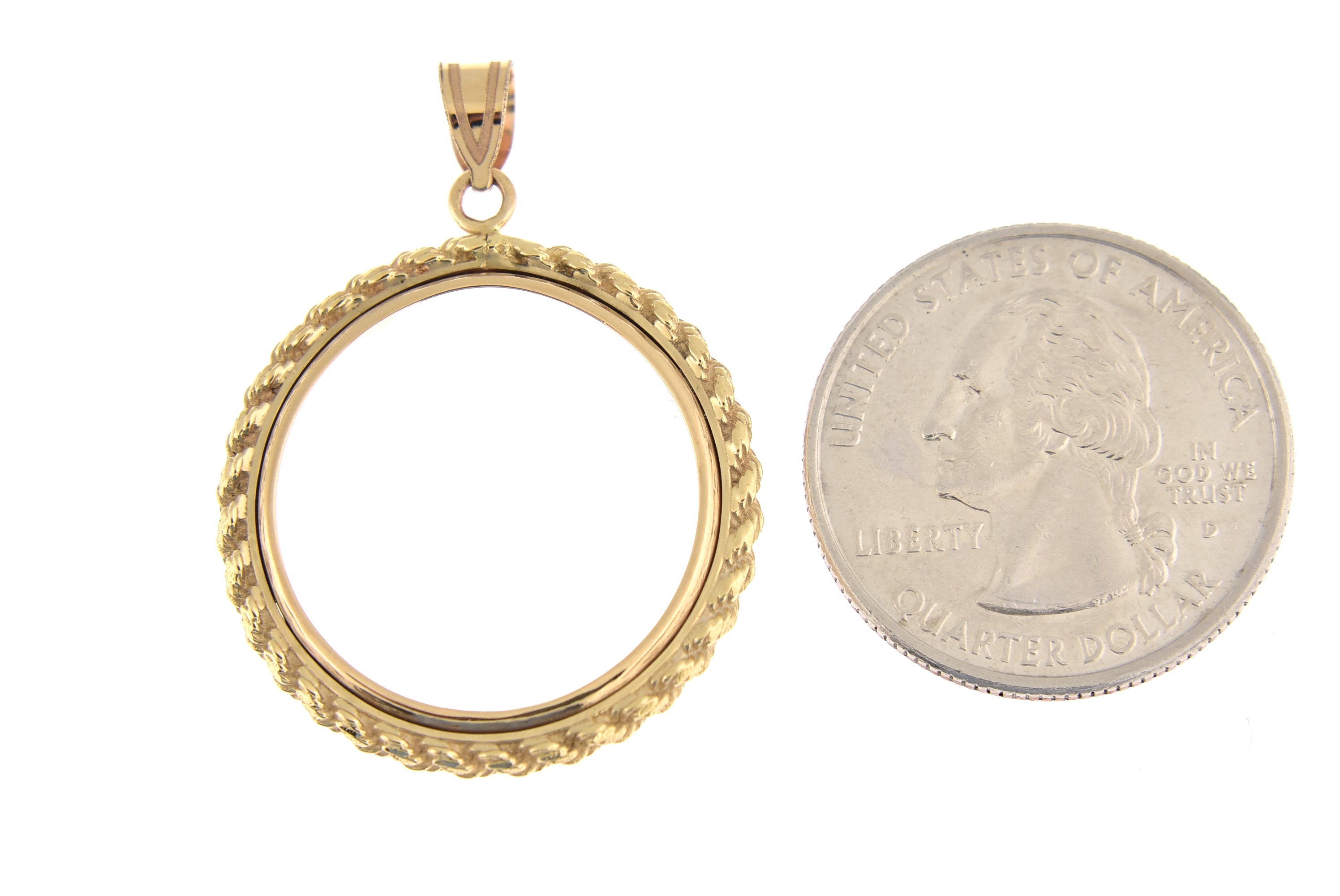 14K Yellow Gold 1/4 oz American Eagle 1/4 oz Panda US $5 Dollar Jamestown 2 Rand Coin Holder Rope Polished Prong Bezel Pendant Charm for 22mm Coins