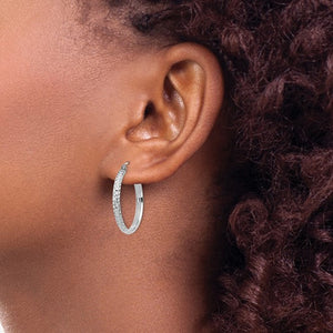 14k White Gold 24mm x 2.5mm Diamond Cut Round Hoop Earrings
