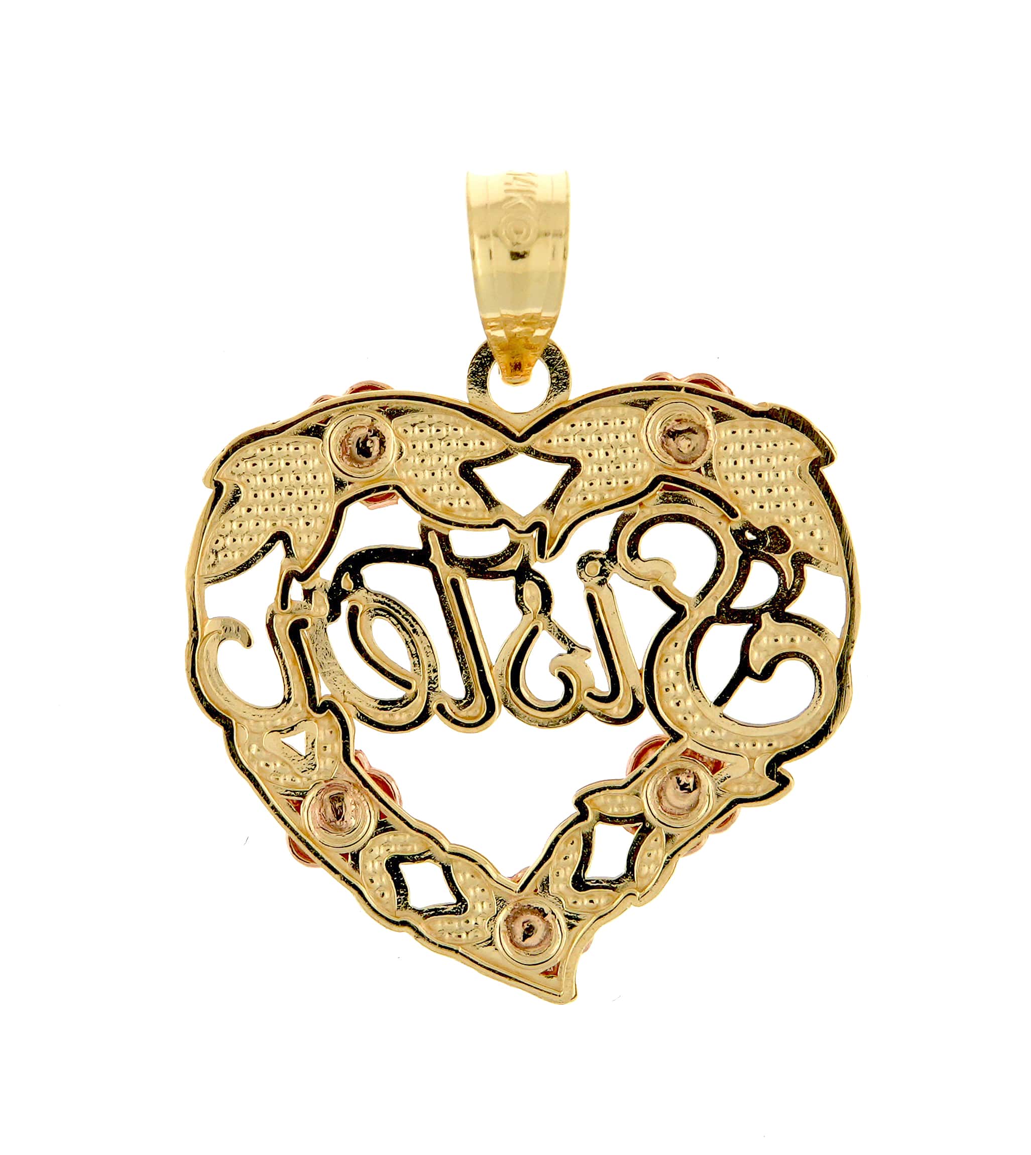 14k Yellow Rose Gold and Rhodium Sister Heart Flowers Pendant Charm