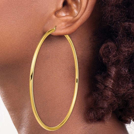 14K Yellow Gold 90mm x 3mm Extra Large Giant Gigantic Big Round Classic Hoop Earrings