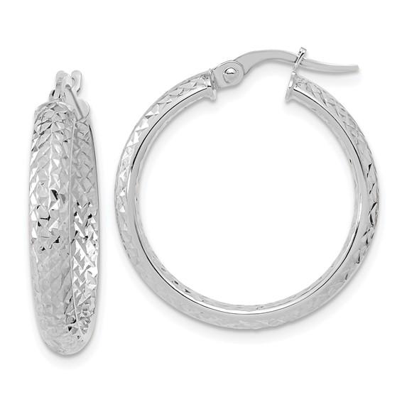 14k White Gold 25mm x 3.75mm Diamond Cut Inside Outside Round Hoop Earrings