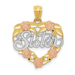 Load image into Gallery viewer, 14k Yellow Rose Gold and Rhodium Sister Heart Flowers Pendant Charm
