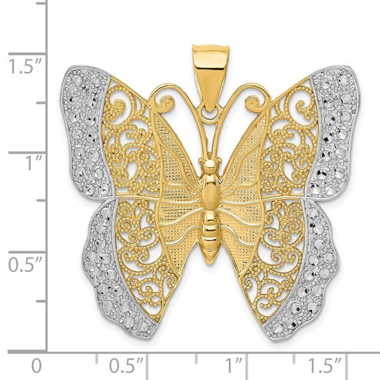 14k Yellow Gold Rhodium Butterfly Filigree Pendant Charm