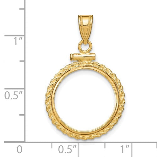 14K Yellow Gold Coin Holder for 16.5mm Coins or 1/10 oz American Eagle 1/10 oz Krugerrand Rope Bezel Screw Top Pendant Charm
