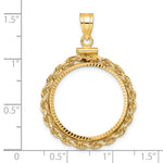Load image into Gallery viewer, 14K Yellow Gold Diamond Cut Rope Edge 1/4 oz American Eagle Panda 2 Rand US $5 Jamestown Coin Bezel Holder Pendant Charm Screw Top Fits 22 mm Coins
