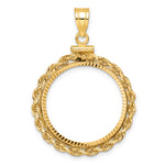 Load image into Gallery viewer, 14K Yellow Gold Diamond Cut Rope Edge 1/4 oz American Eagle Panda 2 Rand US $5 Jamestown Coin Bezel Holder Pendant Charm Screw Top Fits 22 mm Coins
