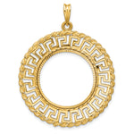 Load image into Gallery viewer, 14K Yellow Gold Greek Key Rope Diamond Cut 1/4 oz American Eagle Panda 2 Rand US $5 Jamestown Coin Bezel Holder Pendant Charm Prong Fits 22 mm Coins
