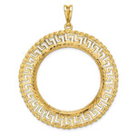 Load image into Gallery viewer, 14K Yellow Gold Greek Key Rope Diamond Cut 1 oz American Eagle Cat Krugerrand Coin Bezel Holder Pendant Charm Prong Fits 32.7 mm Coins
