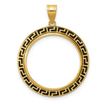 Load image into Gallery viewer, 14K Yellow Gold And Black Enamel Greek Key 1/4 oz American Eagle Panda 2 Rand US $5 Jamestown Coin Bezel Holder Pendant Charm Prong Fits 22 mm Coins
